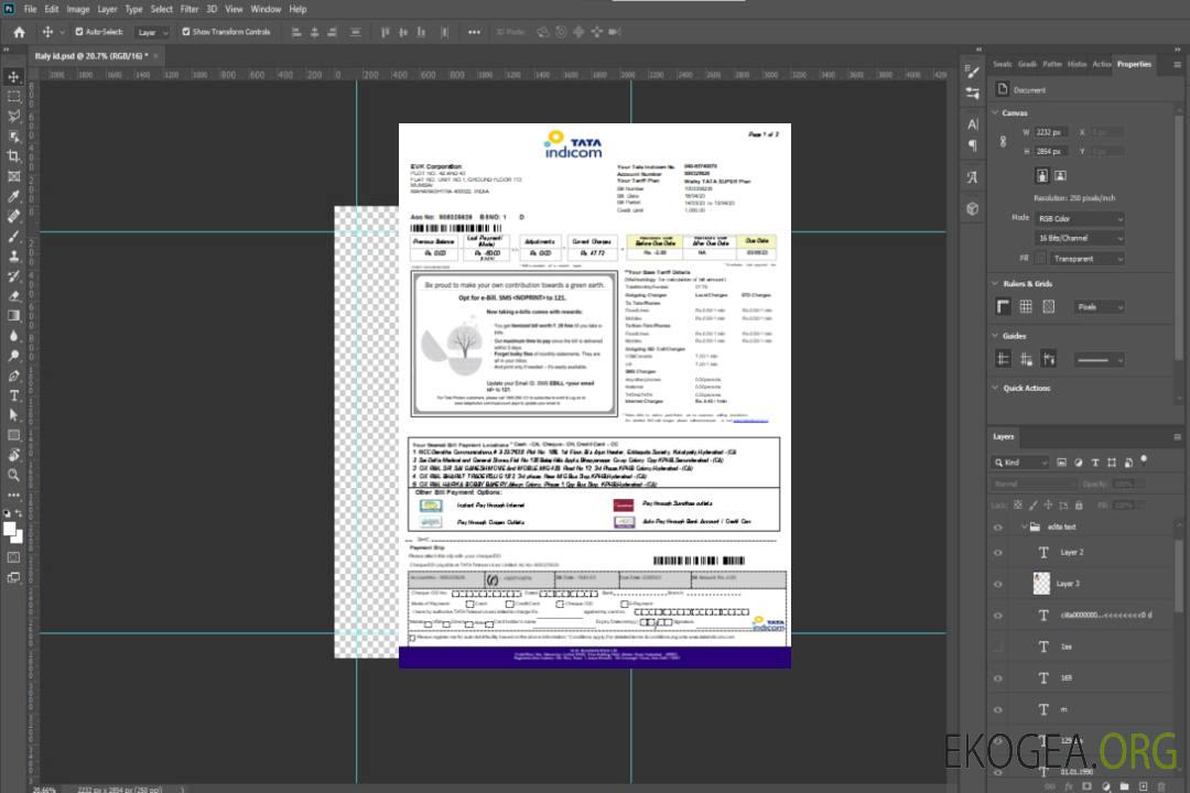 Facture commerciale de services publics mobiles Tata Indicom, page 1, SCR template